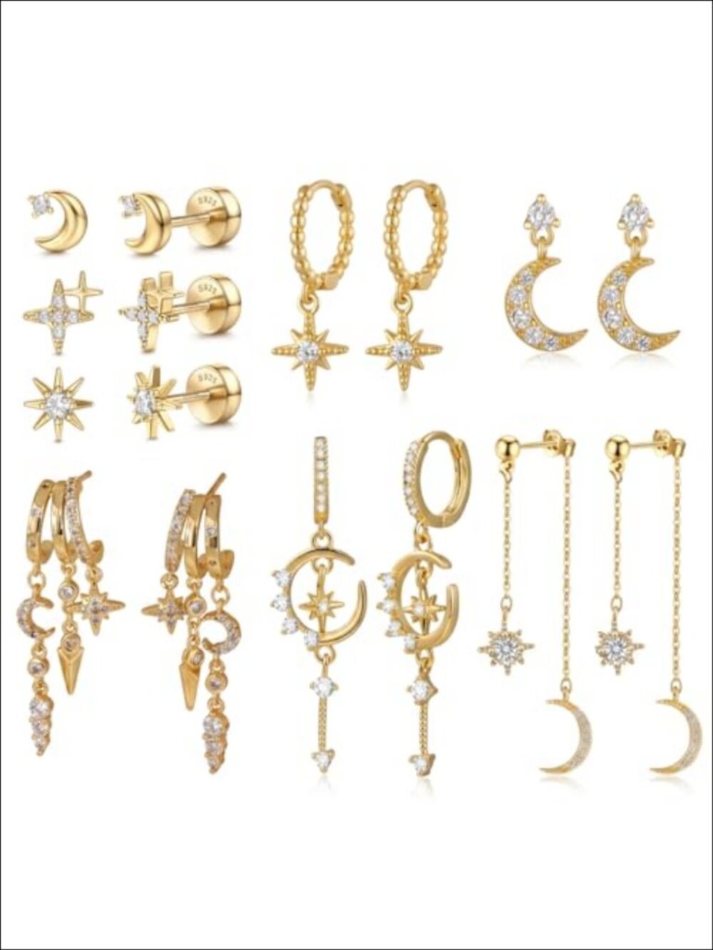 8 Pairs Silver Dangle Hoop Earrings Punk Y2K Star Moon Stud Set